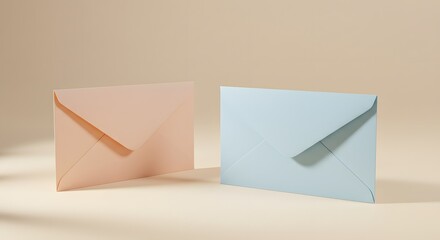 Two elegant envelopes one peach and one sky blue with a textured surface and a gentle shadow cast upon a plain background symbolizing communication and correspondence with a touch of sophistication	