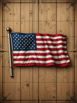 Waving Usa Flag on Wood Background Illustration with Nautical Rhumb Lines Grid