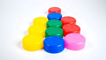 Colorful plastic bottle caps arranged in a triangular pattern on a white background