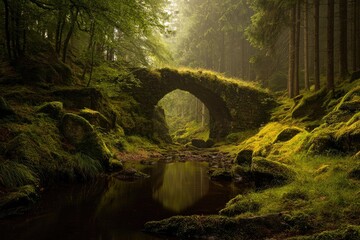 Ancient stone arch bridge in a mossy, misty forest