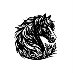 Fototapeta premium Majestic black horse head silhouette with wheat stalks
