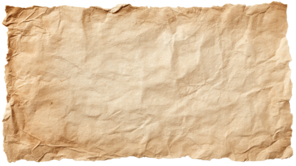 Vintage aged parchment paper with rough torn edges — distressed antique sheet isolated on transparent background, high-resolution PNG cutout for historical documents, scrapbooking
