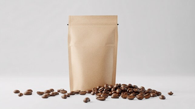 Blank brown paper bag with coffee beans on a white surface, studio shot.