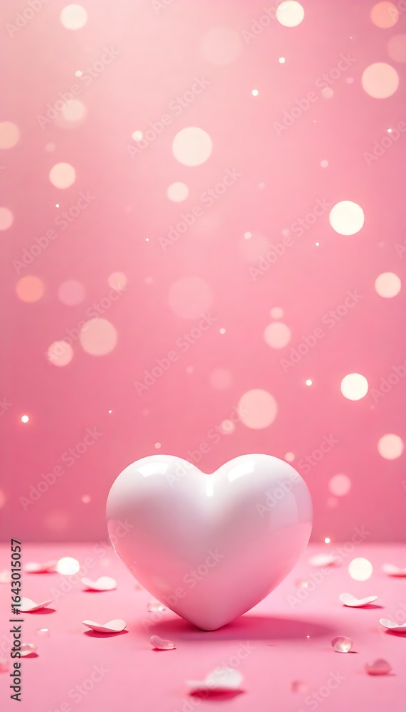 Poster generative ai: a soft pink aesthetic featuring a white heart with bokeh effect and petals