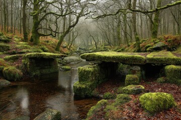 Moss-covered ancient stone bridge over a misty stream in a tranquil forest