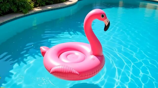 A bright pink flamingo-shaped swimming circle rests gently on the sparkling blue surface of the pool, surrounded by lush greenery.