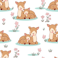 Hand Drawn Seamless pattern with cute mother deer and baby fawn illustration vector