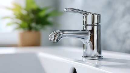 A sleek chrome faucet shines over a modern sink, complemented by a blurred green plant in the background, embodying contemporary bathroom design.