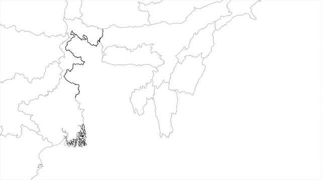 Aerial view of West Bengal and the capital Kolkata animation on white background, West Bengal India Asia State Map Outline, Explore West Bengal geography map