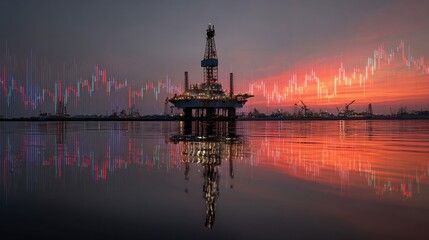 Oil Rig at Sunset with Reflections and Stock Market Chart Overlay