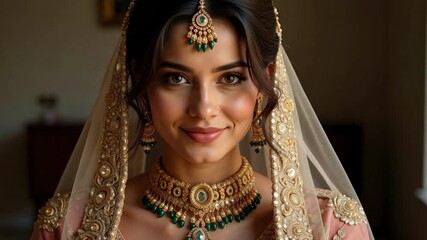 Stunning Pakistani bride radiates joy in traditional attire, adorned with intricate jewelry, celebrating her special day with elegance and grace.