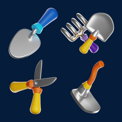 Gardening tools floating on dark blue background: 3d render