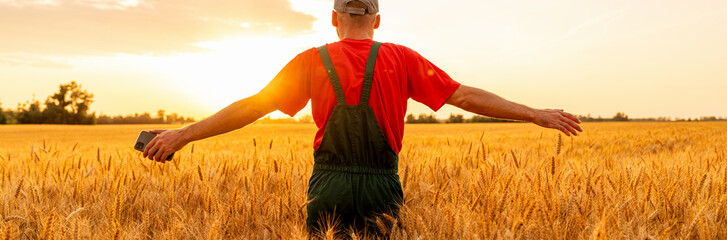 Back view of farmer with open arms embracing rural life in wheat field golden sunset