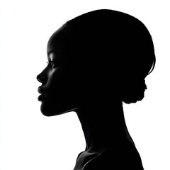Silhouette Head Shoulders. Shaded Profile of African Woman in Black on White Background
