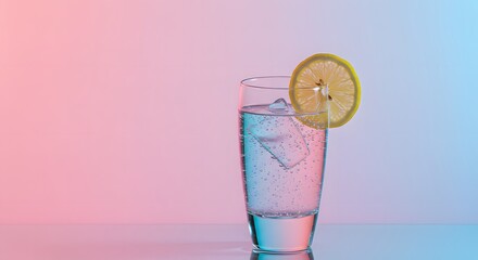 A refreshing glass of sparkling water with ice cubes and a lemon slice garnished on the rim against a vibrant pink and blue gradient background	
