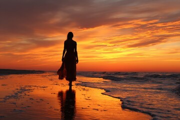 Fototapeta premium Silhouette Walking Away. Woman Walking to Sea at Sunset, Relaxing and Dreaming by the Ocean