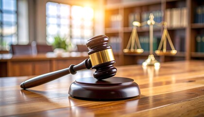 Gavel and scales of justice on a wooden table in a sunlit courtroom