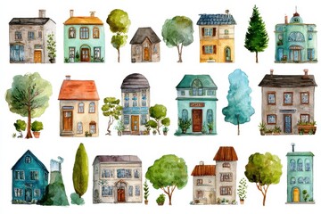 Naklejka premium Small Business Clip Art. Hand-Painted Watercolor Collection of Houses, Trees, and Symbols for Printable Decoration