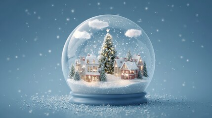 Snow Globe Home. Magic Christmas in a Graphic Winter Wonderland with Little Town and Tree