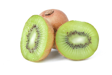  Kiwi fruit isolated on white background, side view, some slices arranged in bright colors. Fruit,...