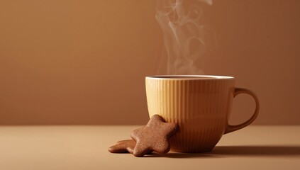 A Warm Coffee Break. StarShaped Cookies and Steaming Coffee Mug on a Cozy Background.