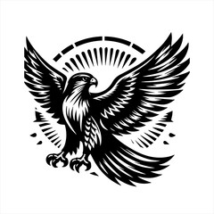 Majestic black eagle spreading wings in stylized sunburst emblem