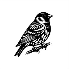 Black and white linocut style illustration of a sparrow perched on a branch