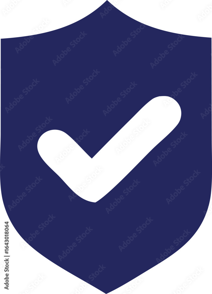 Poster a simple modern graphic icon featuring a deep blue shield with a bold white checkmark prominently di