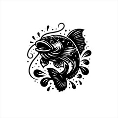 Fototapeta premium Dynamic black and white illustration of a leaping bass fish