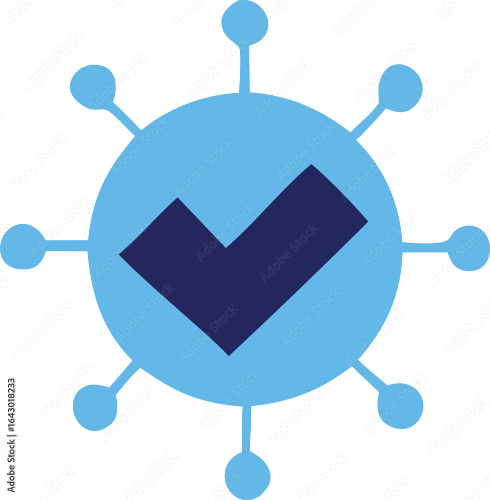 Poster abstract representation of a virus or germ with a dark blue checkmark symbol at its center signifyin