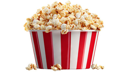 Overflowing red-and-white striped popcorn bucket isolated on transparent background — high-resolution PNG cutout with clean clipping path, perfect for cinema night, movie theater snack visuals