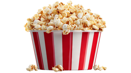 Overflowing red-and-white striped popcorn bucket isolated on transparent background — high-resolution PNG cutout with clean clipping path, perfect for cinema night, movie theater snack visuals