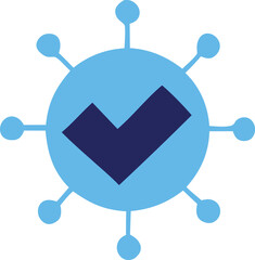 Abstract representation of a virus or germ with a dark blue checkmark symbol at its center signifying approval or verification