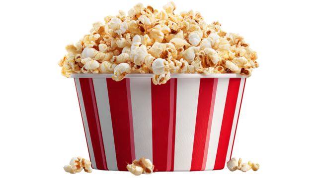 Overflowing red-and-white striped popcorn bucket isolated on transparent background — high-resolution PNG cutout with clean clipping path, perfect for cinema night, movie theater snack visuals