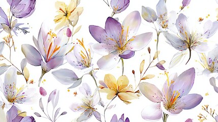 Fototapeta premium A vibrant floral pattern featuring delicate purple and yellow flowers on a white background.
