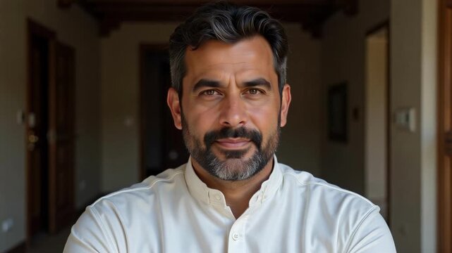 Confident middle-aged Pakistani man with trimmed beard wears traditional kurta, exuding cultural pride and professional demeanor in a 4K video.