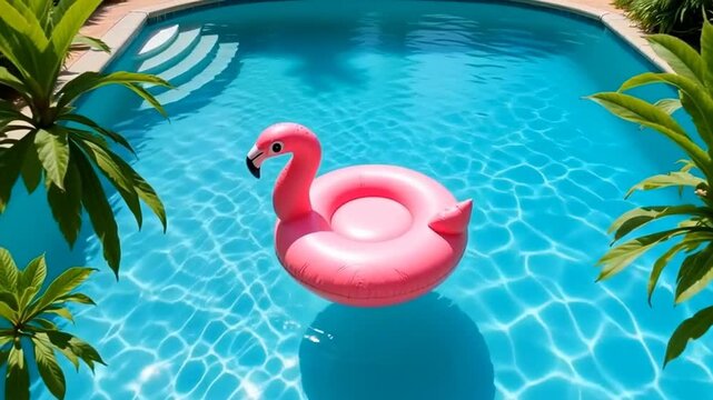 A bright pink flamingo-shaped swimming circle rests gently on the sparkling blue surface of the pool, surrounded by lush greenery.