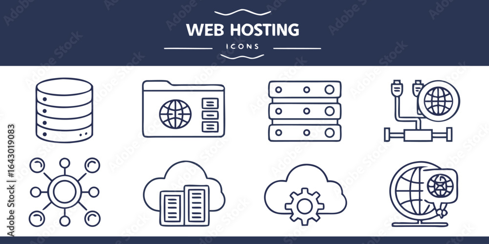 Poster vector art of web hosting icons set featuring server, folder, database, network, cloud, and globe is