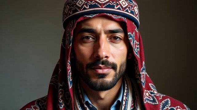 Authentic Pakistani man in traditional Sindhi ajrak and cap, vibrant cultural portrait, 4K video footage for diverse projects