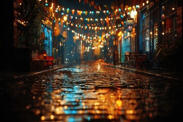 Obraz premium Nighttime cobblestone street, festive decorations, wet pavement