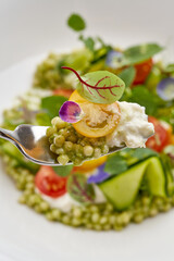 A fork holds a bite of a vibrant couscous salad with burrata, cherry tomatoes, and microgreens, with a blurred dish in the background.