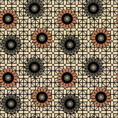 Japanese Circle Flower Square Net Vector Seamless Pattern