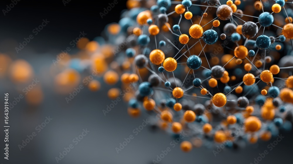Poster a close-up view of a colorful molecular structure with interconnected spheres, showcasing a blend of