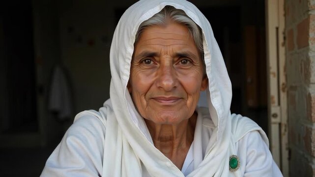 Wisdom etched in time a dignified Pakistani woman in white shawl and green pin offers a captivating glimpse into cultural heritage and personal stories