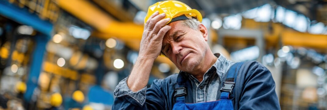 Stressed Factory Worker. Senior man in blue collar fixing malfunction in industrial setting