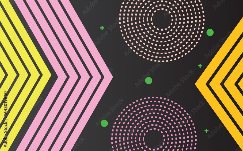 Poster abstract design with geometric shapes, patterns, circle lines on white background.