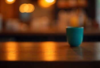 Generative AI: Captivating Cafe Scene Featuring a Teal Cup and Bokeh Effects