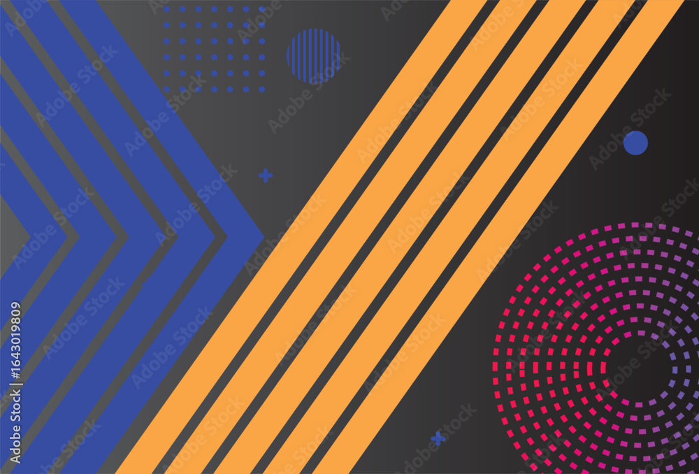 Poster abstract design with geometric shapes, patterns, circle lines on white background.