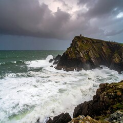 Dramatic coastal scene with crashing waves against a rocky headland under a stormy sky