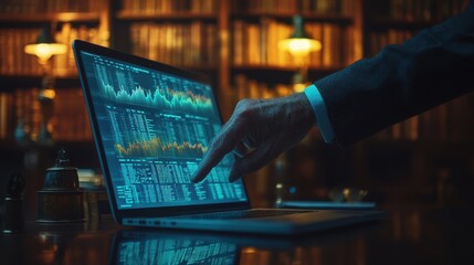 Person Analyzing Financial Data on Laptop in Library Setting